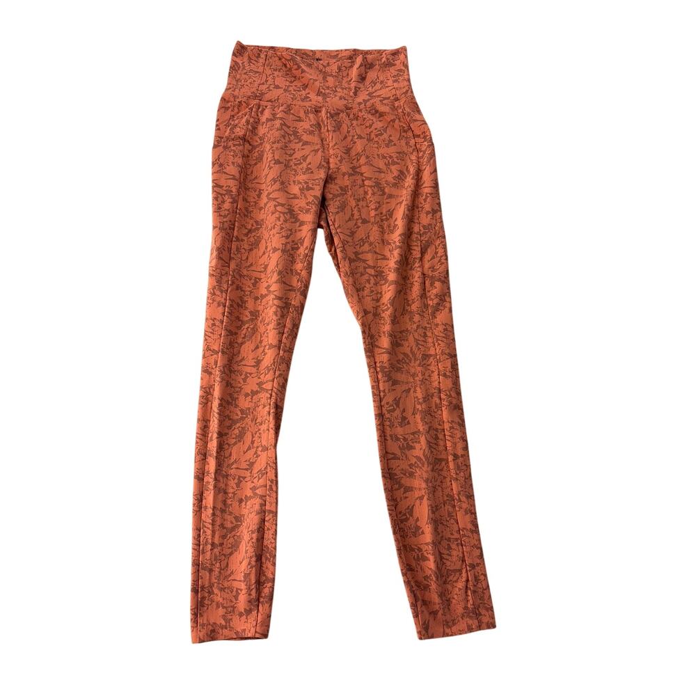 REI Womens Take Your Time Leggings Small Side Pockets Orange Print 25.5" Inseam